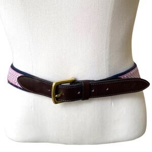 Vineyard Vines Navy Pink Brown Lther Strap Brass Buckle Whale Print Size 32 Belt
